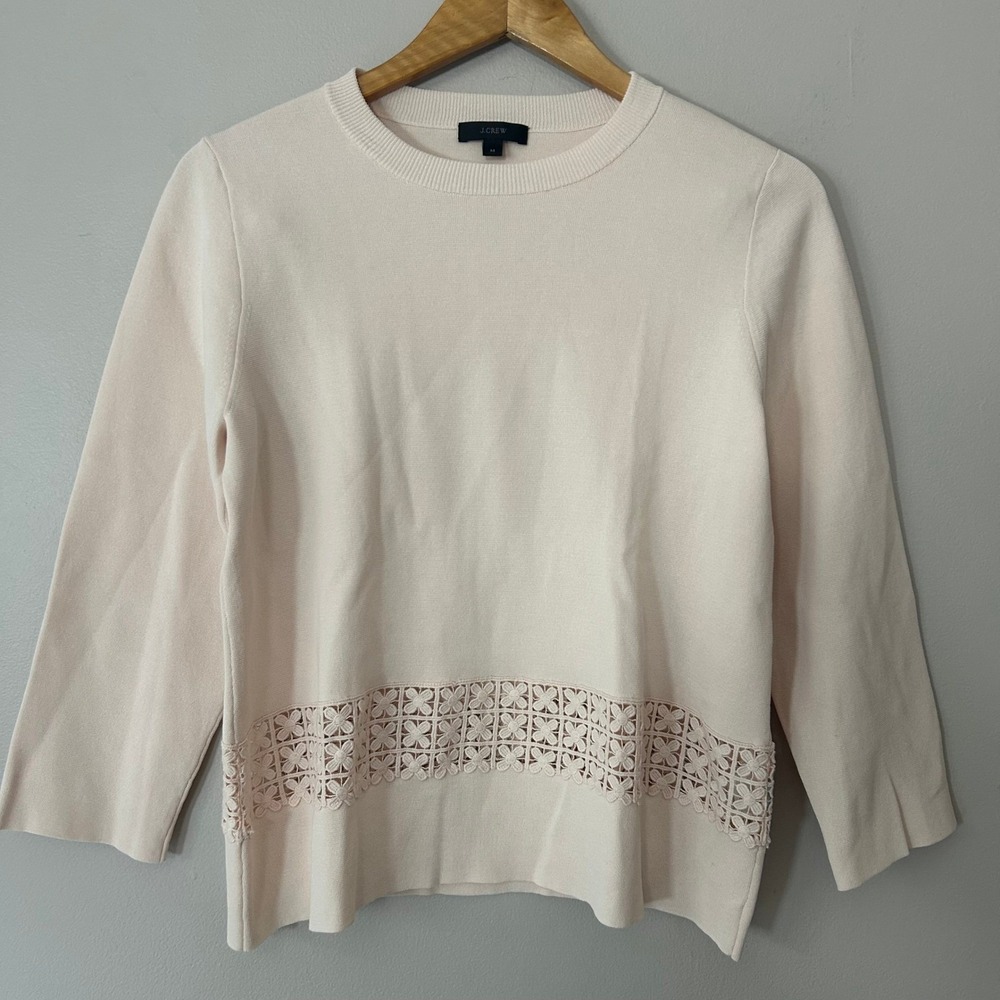 J.Crew Sweater Womens M Blush Pink 3/4 Sleeve Floral Eyelet Lace Inset Cotton
